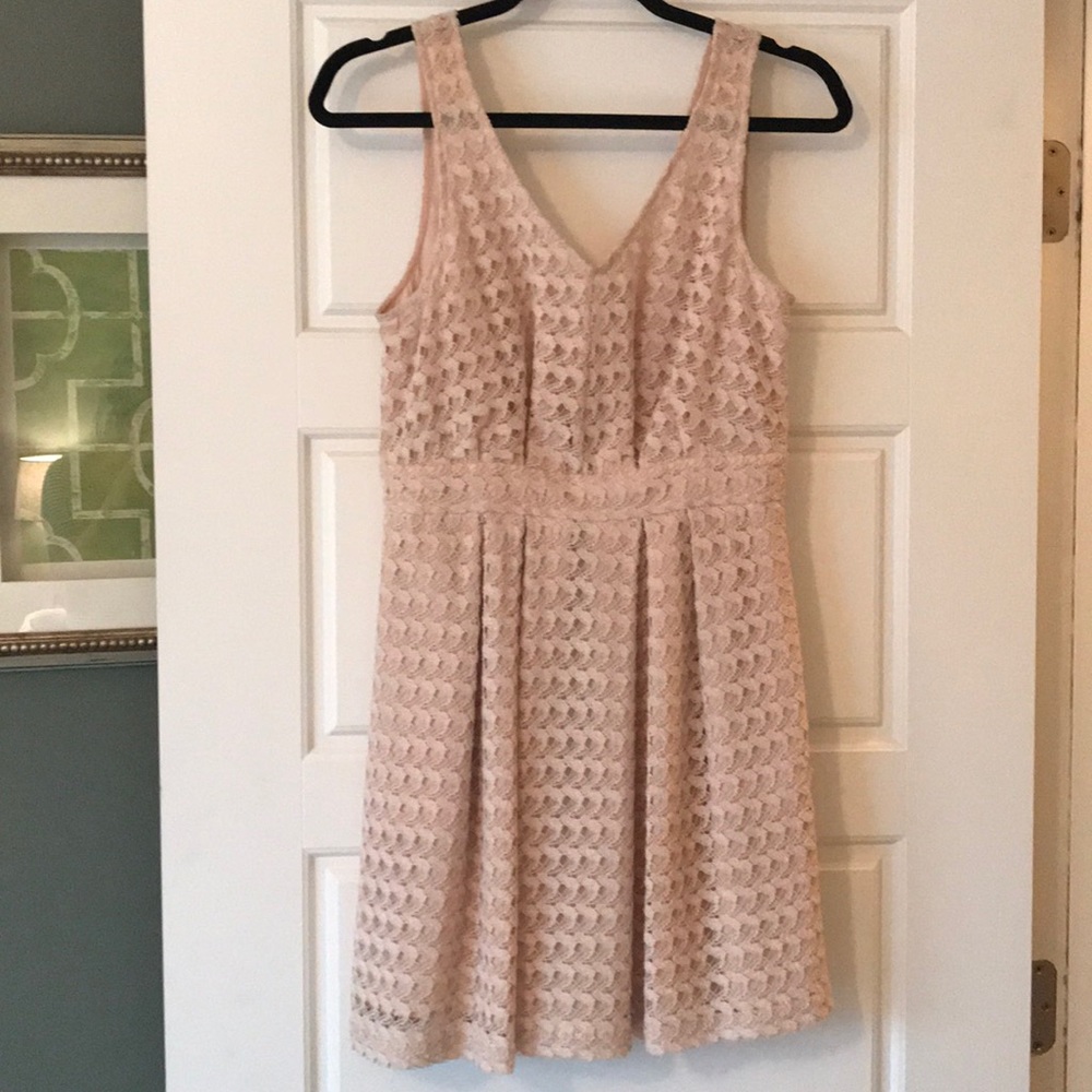 Tan, lace, A-line dress with pockets